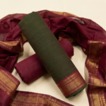 Mangalagiri Cotton 3-Piece Unstitched Suit Set – Mehndi Green & Maroon with Zari Border Dupatta