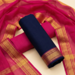 Mangalagiri Cotton 3-Piece Unstitched Suit Set – Navy Blue Top, Pink Bottom & Zari Border Dupatta