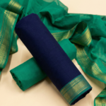 Navy Bloom Mangalagiri Cotton 3-Piece Unstitched Suit Set - Navy Blue Top & Green Bottom with Zari Border Dupatta