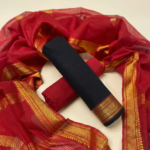 Maroon Charm Mangalagiri Cotton 3-Piece Unstitched Suit Set – Black Top, Maroon Bottom & Zari Border Dupatta